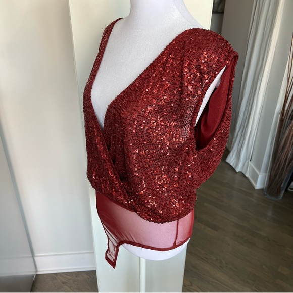 NWT. Lulus Evening of Wonder Burgundy Sequin Cowl Back Bodysuit - Picture 8 of 9